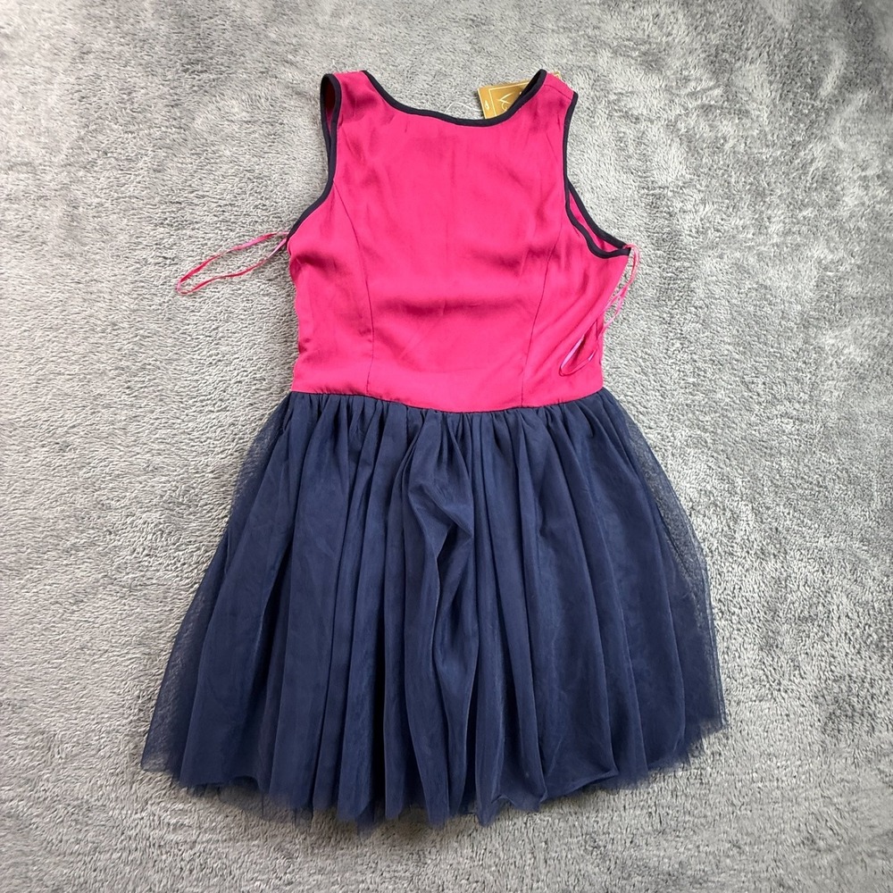 Mi Ami Embroidered Floral Dress S Sleeveless Pink Navy Tulle A-Line NWT - Picture 2 of 9